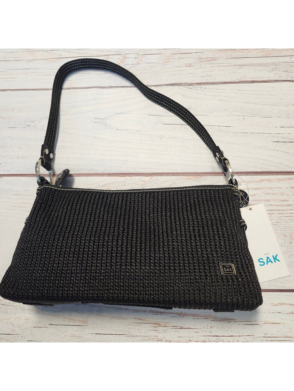 The Sak Black Crochet Knit Shoulder Bag Purse with Silver Hardware